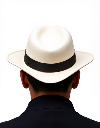 Man in a hat isolated on a white background. Rear view.の写真素材