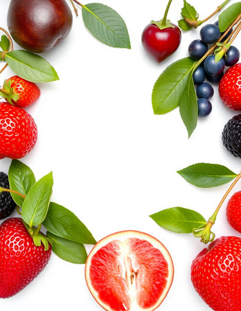 strawberries, cherries, blackberries, blueberries and strawberries on white background