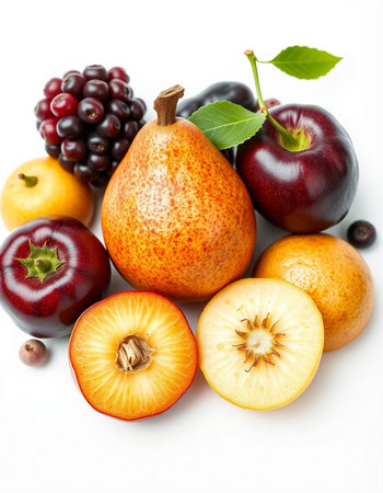 Fruits isolated on white background. Healthy food concept. Top view.