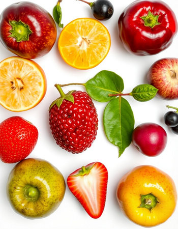 Fruits and berries isolated on white background. Flat lay, top view