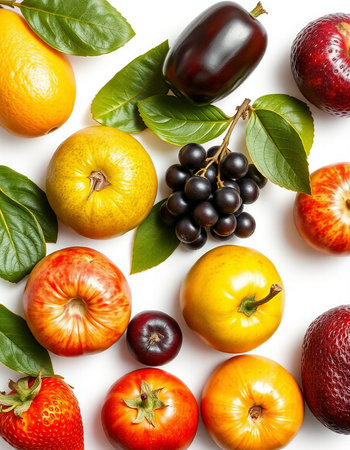 Fruits and vegetables isolated on white background. Flat lay, top viewの写真素材