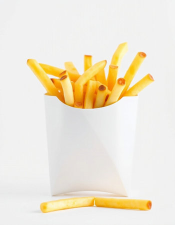 French fries in a paper box on a white background. Fast food.