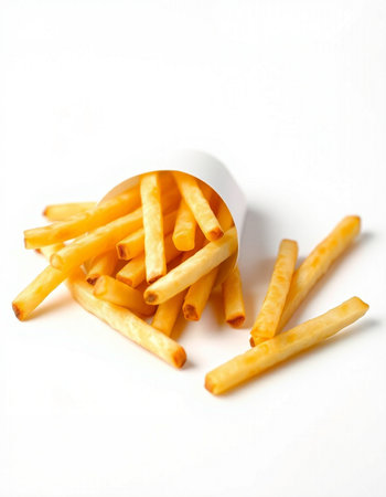 Golden French fries on white background. Selective focus. Shallow depth of field.