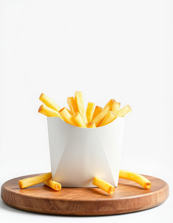 French fries in a white paper box on a wooden board on a white backgroundの写真素材