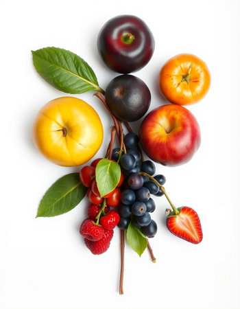 Fruits and berries isolated on a white background. Top view.の写真素材