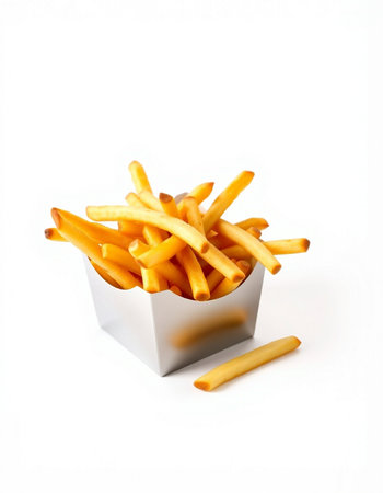 French fries in a paper box on a white background. Isolated