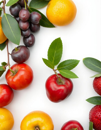 Fresh fruits with leaves on white background. Top view. Flat lay.
