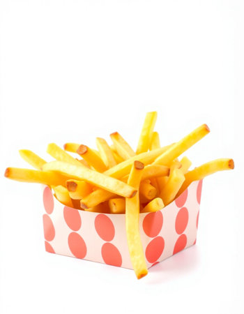 French fries in a box isolated on white background. Selective focus.