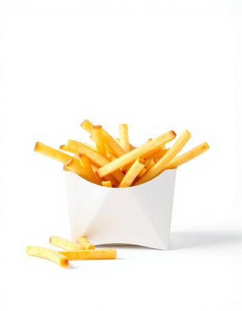 French fries in a white box on a white background. Isolated