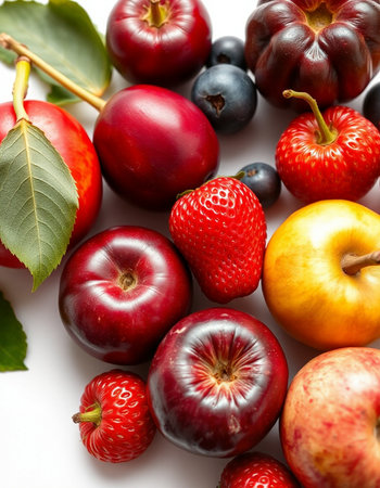 Fresh fruits on a white background, close-up. Healthy food.