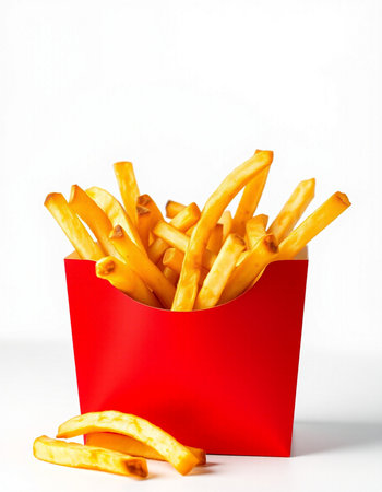 French fries in a red box on a white background. Isolated