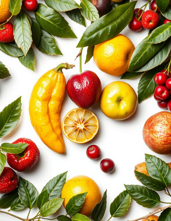 Fruits and berries on white background. Flat lay, top view