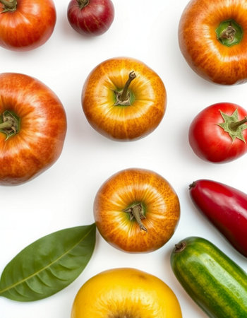 Fruits and vegetables on white background. Flat lay, top view