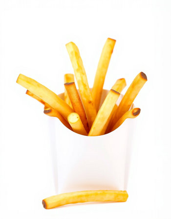 French fries in a white paper cup on a white background, isolate