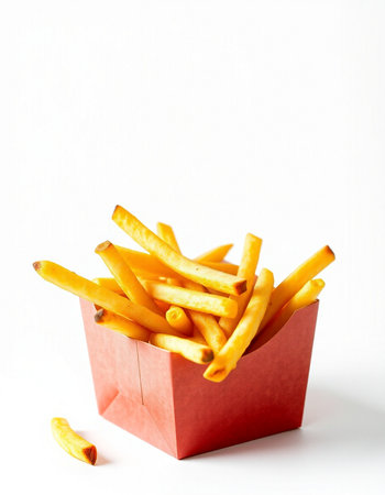 French fries in a red box on a white background, fast food