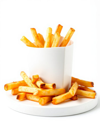Crispy french fries in a white cup on a white background