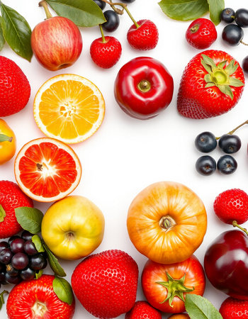 Fruits and berries isolated on white background. Top view. Flat lay pattern.