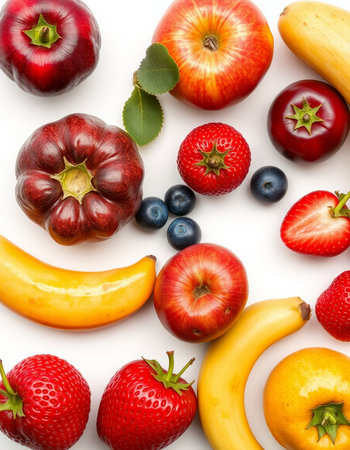Fruits and berries on white background. Top view. Flat lay.