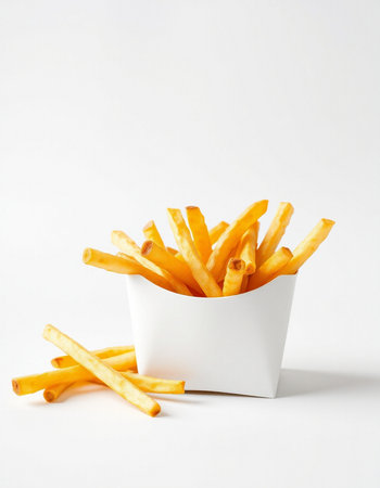 French fries in a white bowl on a white background. Fast food.