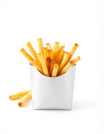 French fries in white box isolated on white background. Fast food.
