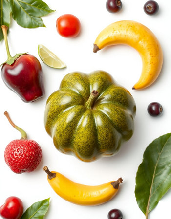 Composition with fresh fruits and vegetables on white background, top viewの写真素材