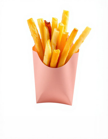 French fries in a paper box isolated on white background. Fast food.
