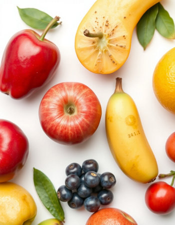 Fresh fruits and vegetables on white background, top view. Healthy foodの写真素材