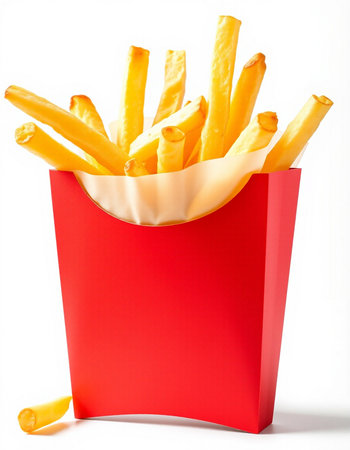 French fries in a red box on a white background. Isolated