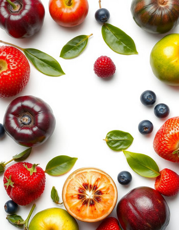 Fruits and berries on a white background. View from above.