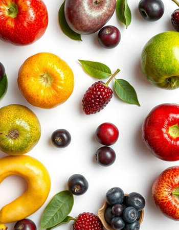 Fruits and berries on white background. Flat lay, top viewの写真素材