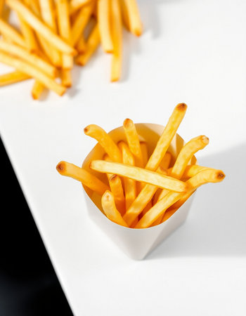 French fries in a white box on a black and white background.