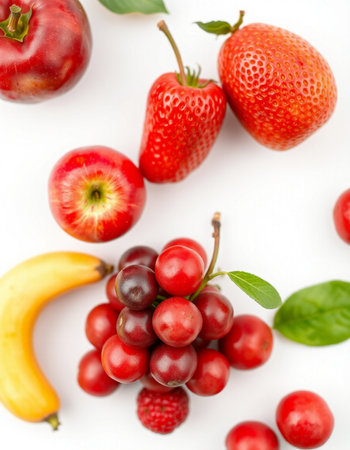 Fruits and berries on a white background. Top view. Flat lay.の写真素材