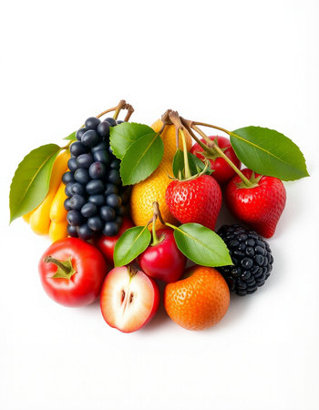 Fruits and berries isolated on white background. Healthy food concept.