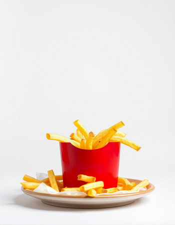 Golden French fries in a red plastic cup on a white background.の写真素材