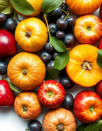 Autumn background with apples, plums, grapes and pumpkinsの写真素材