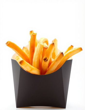 French fries in a black box on a white background. Isolatedの写真素材