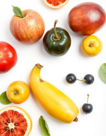 Fruits and vegetables isolated on white background. Flat lay, top viewの写真素材