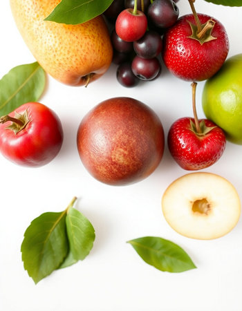 Fresh fruits on white background. Healthy eating concept. Top view.の写真素材
