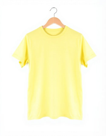 Yellow t-shirt on wooden hanger isolated on white background.の写真素材