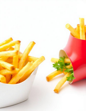 French fries in a red bowl on a white background, selective focus