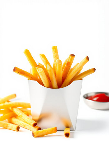 French fries with ketchup isolated on white background. Selective focus.