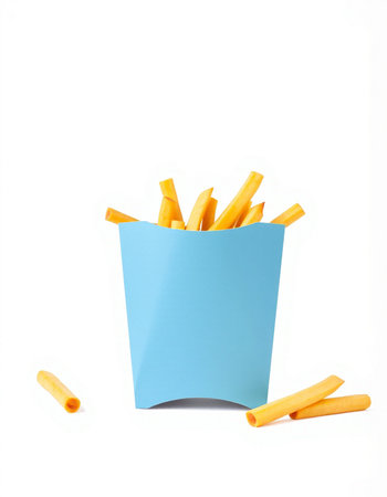 French fries in a blue box isolated on white background. Fast food.