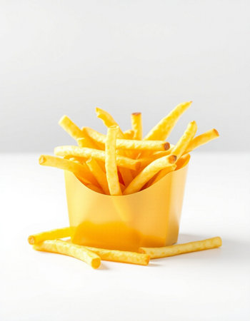 Golden French fries in a yellow paper cup on a white background.