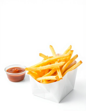 French fries with ketchup isolated on white background, clipping path included