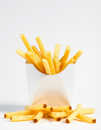 French fries in a paper box on a white background. Isolated.