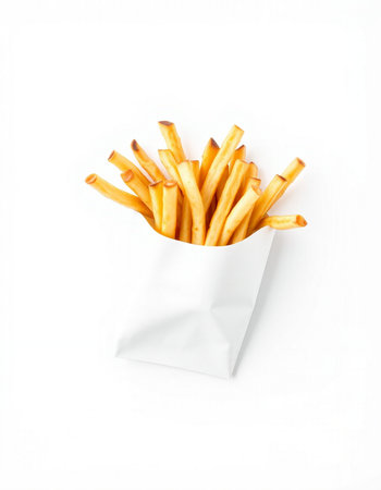 French fries in paper bag isolated on white background. Top view.