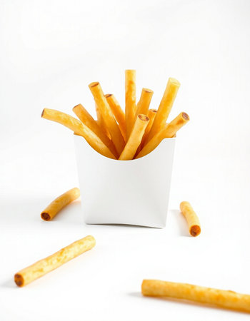Sticks of french fries in a white box on a white background
