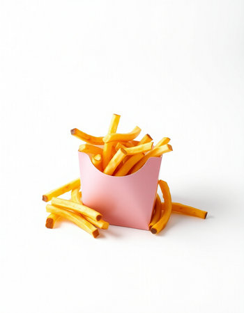 Golden French fries in a pink paper box on a white background.