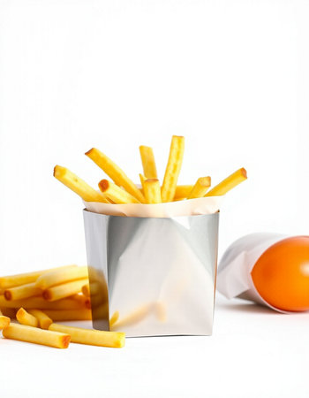 French fries in a metal box on a white background with copy space