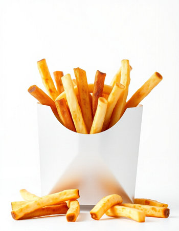 French fries in a white box on a white background with copy space